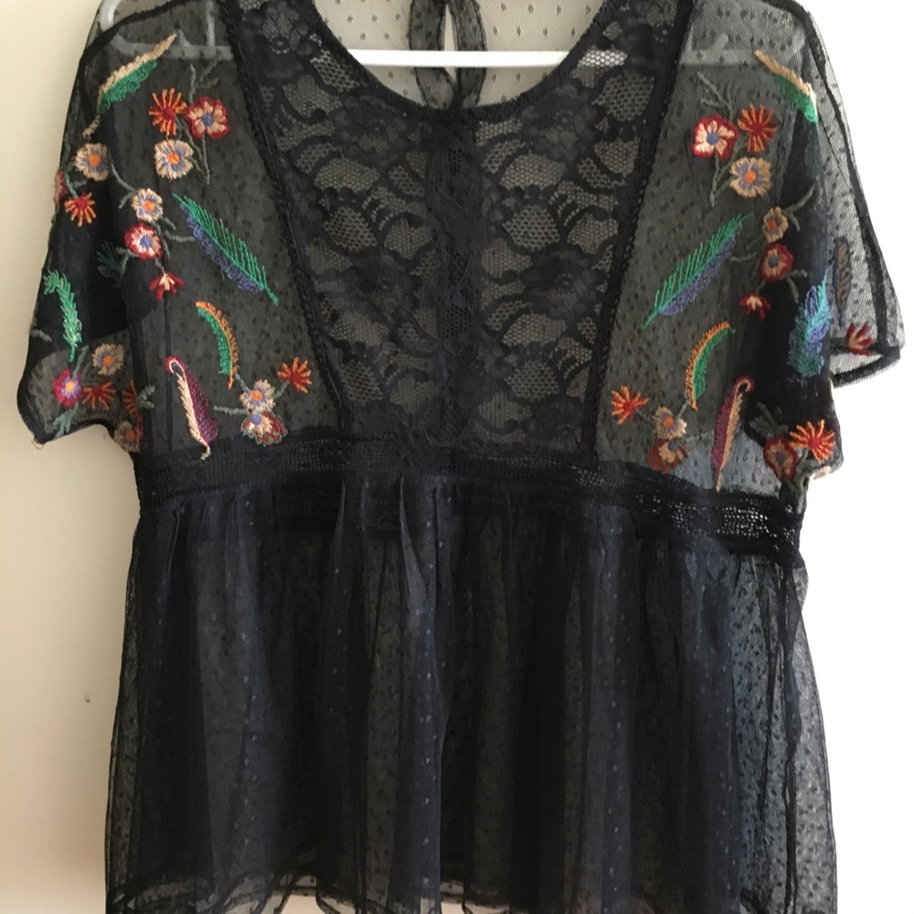 NWOT Zara Black sheer embroidered babydoll shirt